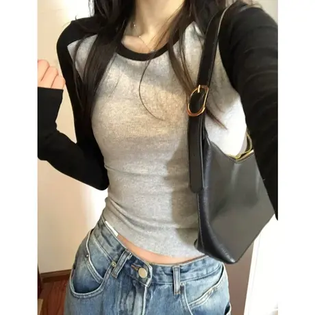 辣妹拼接撞色长袖T恤女睛春装修身插肩袖上衣短款内搭打底小衫潮商品大图