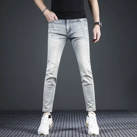 夏季九分牛仔裤男修身小脚薄款2024新款破洞浅色痞帅弹力男士裤子图片