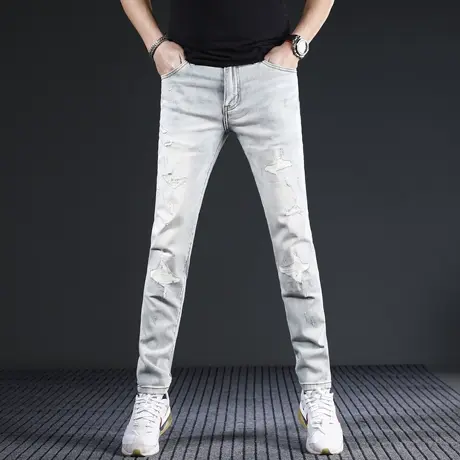 高端破洞牛仔裤2024新款男修身小脚浅色泼墨潮流补丁痞帅男士裤子商品大图