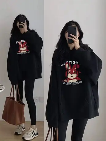 oversize卫衣女连帽大码宽松秋冬加绒加厚小众设计感美式复古外套图片