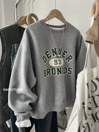 春季新款美式复古休闲字母印花简约圆领小个子宽松卫衣百搭洋气女商品大图