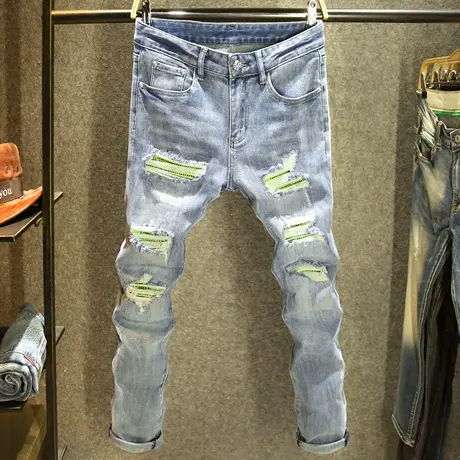 2024新款潮牌破洞裤子男牛仔裤修身小脚裤刮烂补丁烫钻工艺长裤子商品大图