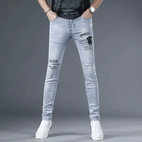 欧洲站夏季牛仔裤男破洞修身小脚烫钻印花潮流韩版弹力男士裤子图片
