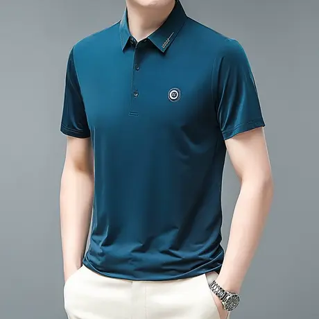 2023夏季男t恤冰丝休闲纯色商务桑蚕丝翻领短袖polo衫爸爸装潮牌商品大图
