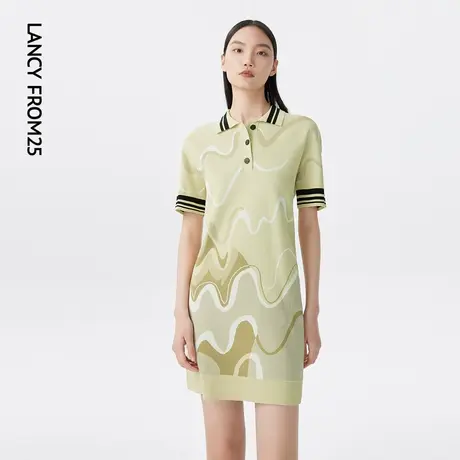 LANCY/悦朗姿2023春季新款翻领收腰显瘦针织连衣裙女撞色印花图片