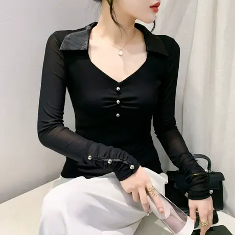 欧货时尚纽扣V领T恤女抽褶长袖小众设计感洋气上衣修身显瘦打底衫图片