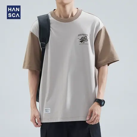 hansca 日系撞色拼接230g重磅短袖t恤男夏季纯棉圆领宽松大码上衣商品大图