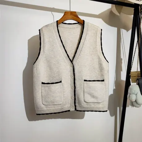 针织马甲开衫女春秋新款韩版v领宽松慵懒风口袋无袖毛衣背心外套商品大图
