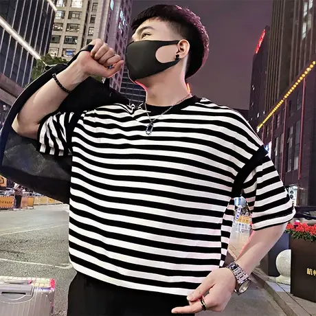 短袖T恤男夏季潮流个性宽松痞帅ins条纹t恤半袖重磅男装半截袖商品大图