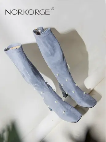 2023新款冬季蓝复古瘦瘦靴女方头粗跟高跟弹力靴高筒靴保暖长筒靴商品大图