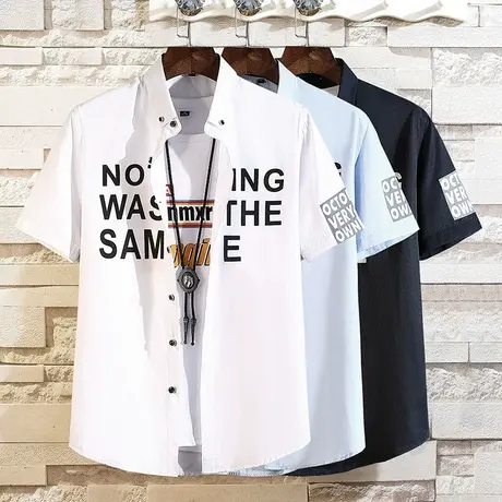 夏季白色短袖衬衫男士韩版修身情侣装薄款衬衣潮流男装休闲寸外套商品大图