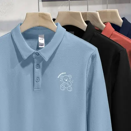 翻领保罗polo衫男士长袖t恤有领商务带领打底衫潮流小熊印花秋衣商品大图