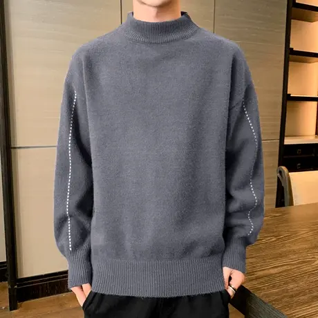 男士毛衣冬季新款潮流加绒加厚半高领针织打底衫男装内搭保暖上衣商品大图