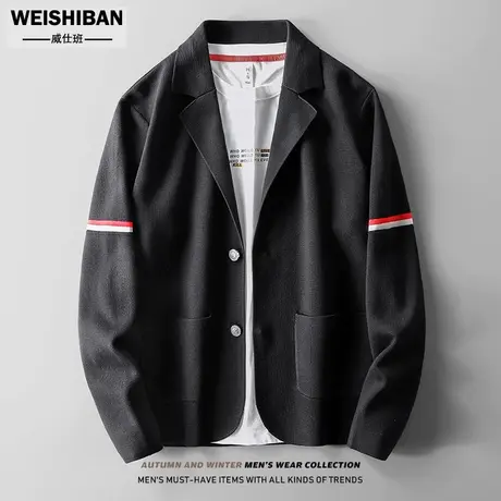 简约时尚毛线衣西服男轻熟风个性条纹撞色外套短款单西装TB毛衣男商品大图