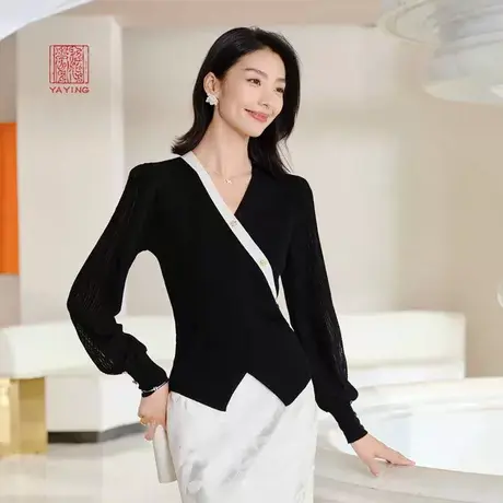 EP雅莹高端系列 绵羊毛不规则泡泡袖V领针织衫 2023秋冬新款9523A商品大图