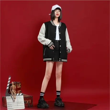 Ohlyah美式黑白拼接棒球服女开衫纽扣上衣学生纯棉大码韩版情侣装商品大图