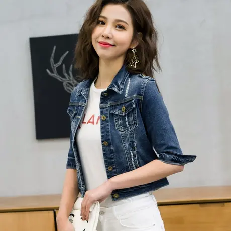 牛仔外套女短款修身韩版新款显瘦弹力七分袖春秋牛仔服上衣大码83商品大图
