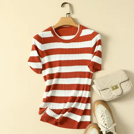 冰丝针织衫短袖t恤女2023夏季新款圆领修身显瘦薄款打底衫女上衣商品大图