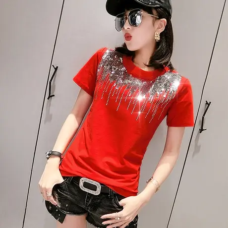 欧货时尚亮片丅恤女装修身心机洋气上衣设计感纯棉短袖T恤女夏装商品大图