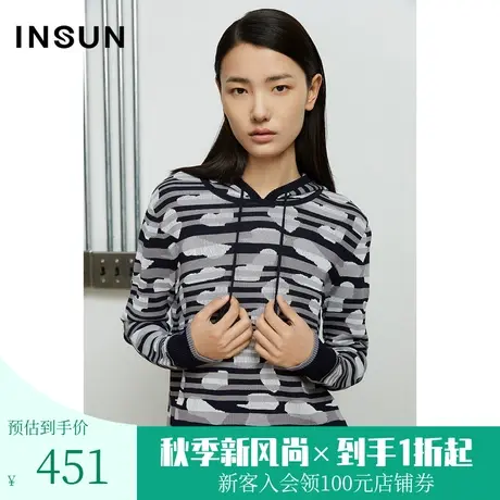 恩裳春秋冬季新款休闲白块点缀连帽套头毛针织衫女图片