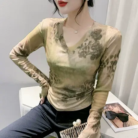 网纱薄款防晒长袖女2023夏季新款性感V领气质小衫洋气印花上衣潮商品大图