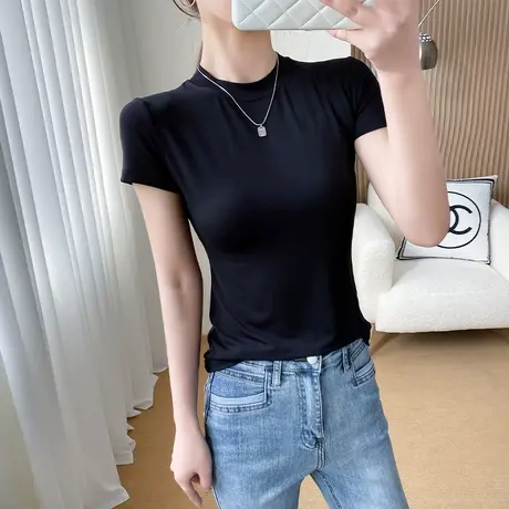 黑色显瘦莫代尔小高领短袖t恤女百搭外穿打底上衣春夏气质正肩潮商品大图