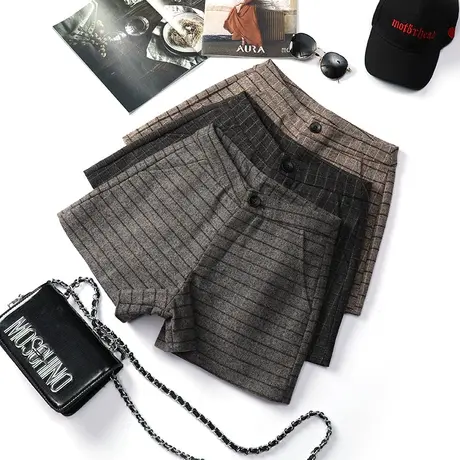 格子毛呢短裤女秋冬外穿2022新款宽松高腰显瘦a字百搭呢子阔腿裤商品大图