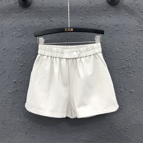 米色皮裤女秋2023年新款港风休闲宽松松紧腰百搭靴裤高腰阔腿短裤商品大图