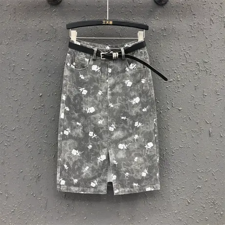 复古玫瑰印花中长款a字包臀裙女夏季新款开叉高腰显瘦牛仔半身裙图片