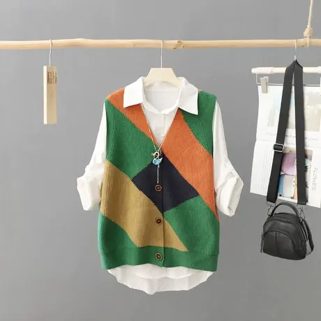 秋装新款V领马甲背心女无袖韩版拼色方块针织毛衣坎肩打底衫马夹图片