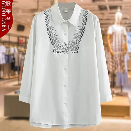 40-50岁中年胖妈妈春秋装加肥加大码中长款纯棉刺绣时尚女士衬衫商品大图
