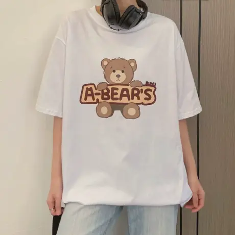 小熊短袖t恤女2021早春新款宽松韩版港风纯棉半袖洋气上衣服ins潮商品大图