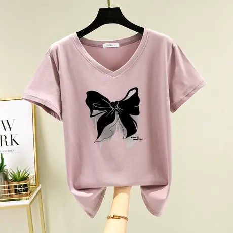 短袖鸡心领t恤女士夏装2022年新款夏季V领百搭纯棉薄款正肩上衣潮商品大图