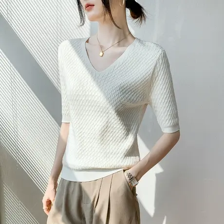 V领中袖打底衫女2023春秋新款设计感纯色修身显瘦针织衫洋气上衣图片
