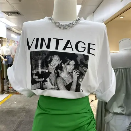 短袖t恤女2021夏季新款韩版ins潮字母人物创意印花复古宽松上衣服商品大图