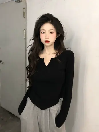 设计感小众开叉纯欲风上衣女秋季2022年新款修身短款长袖T恤打底图片