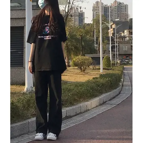 黑色牛仔裤女2023新款春夏直筒宽松显瘦阔腿高腰垂感拖地韩版裤子图片