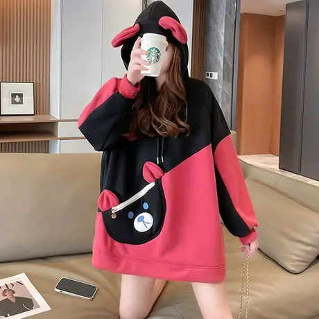 卫衣女秋冬韩版宽松加绒加厚设计感小众小个子可爱小熊耳朵外套潮图片