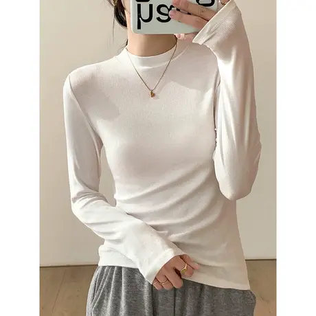 洋气减龄小立领长袖T恤女初秋百搭修身显瘦打底小衫纯色简约上衣图片