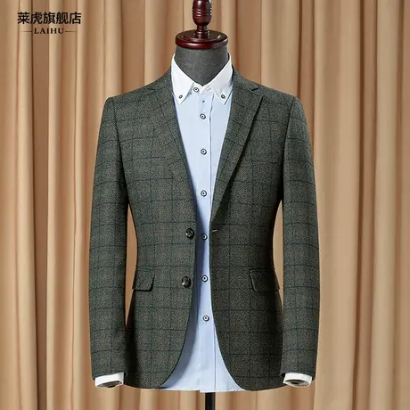 休闲西装男中年韩版修身单件上衣春季新款商务格子小西服男士外套图片