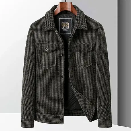 秋冬季新款保暖中年人外套格子夹克雪尼尔加厚时尚翻领上衣男装图片