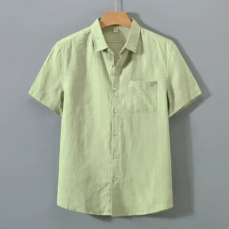 亚麻衬衫男短袖夏季薄款休闲宽松男士透气棉麻文艺黑色衬衣外套潮商品大图