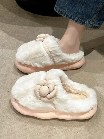 棉拖鞋女士秋冬季室内家居家用防滑保暖加绒可爱花朵毛绒拖鞋厚底商品大图