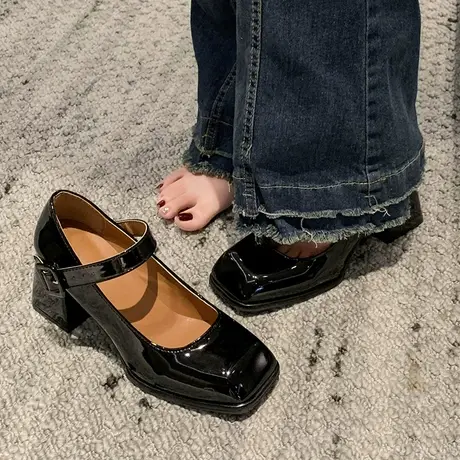 法式玛丽珍鞋小众设计气质高级感小皮鞋单鞋粗跟黑色方头高跟鞋女图片