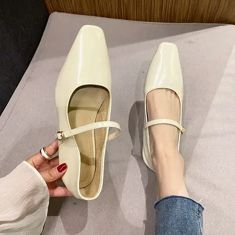 方头低跟一字带凉鞋2023年夏季新款纯色气质温柔粗跟平底鞋不累脚商品大图