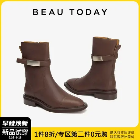 BeauToday切尔西短靴女英伦风秋季皮靴女2023新款BT粗跟瘦瘦靴女商品大图