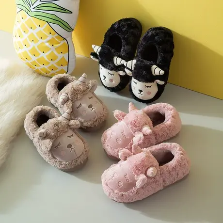 冬季可爱卡通棉拖鞋女家居包跟室内冬家用毛绒带跟加绒办公室棉鞋商品大图