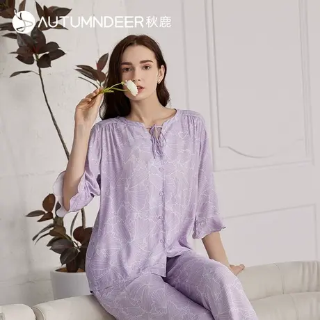 秋鹿简约印花睡衣女夏冰丝七分袖长裤青年休闲早秋家居服薄款女款图片