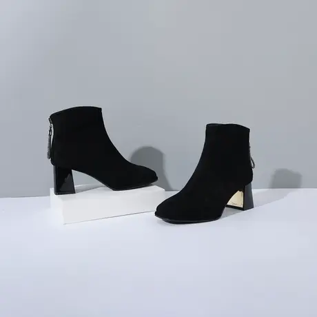木林森女鞋2022冬季短靴女加绒粗跟翻毛皮及踝靴磨砂职业时装女靴商品大图