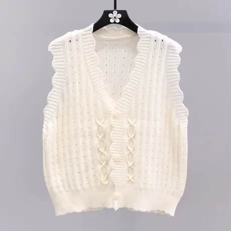 小清新温柔风V领针织马甲女秋冬2023新款单排扣镂空外搭毛衣背心图片
